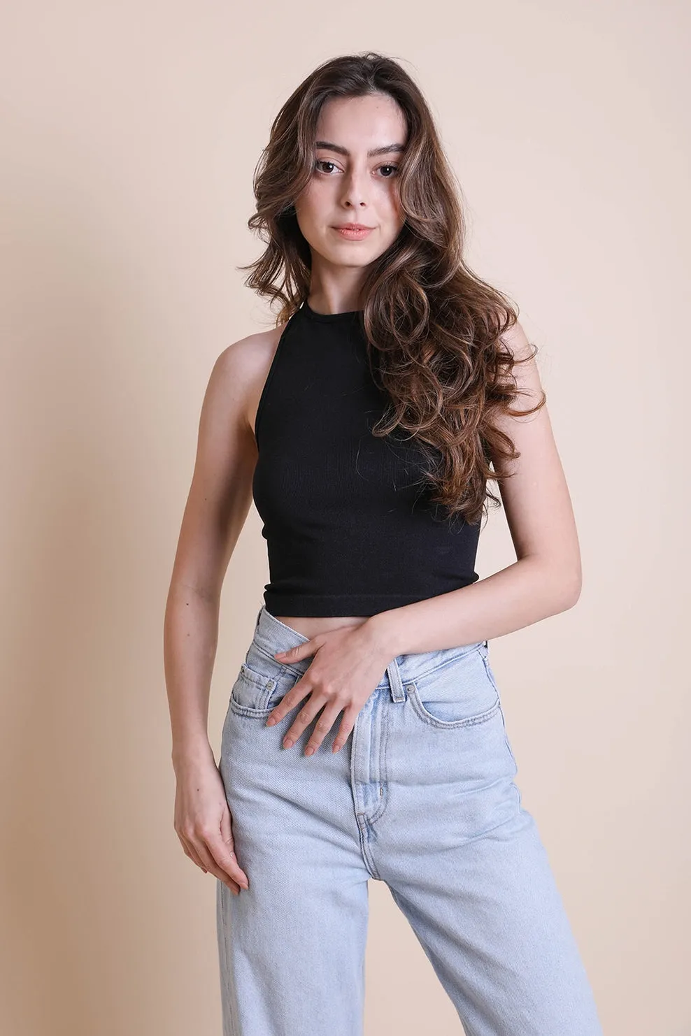 high neck ribbed crop - black