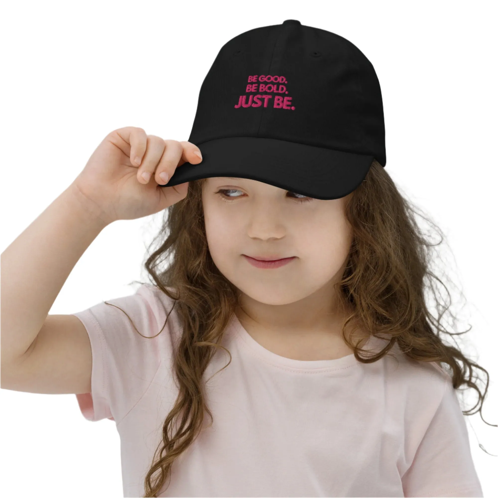 Youth Baseball Cap with Flamingo-Colored Embroidered Slogan: BE GOOD. BE BOLD. JUST BE.