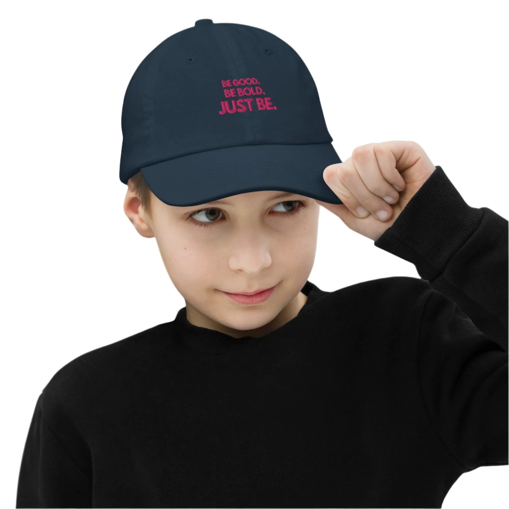 Youth Baseball Cap with Flamingo-Colored Embroidered Slogan: BE GOOD. BE BOLD. JUST BE.